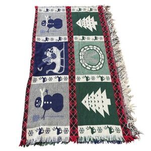 Vintage 90s Woven Christmas Throw Blanket, Snowmen, Trees, Sleigh, Plaid Border